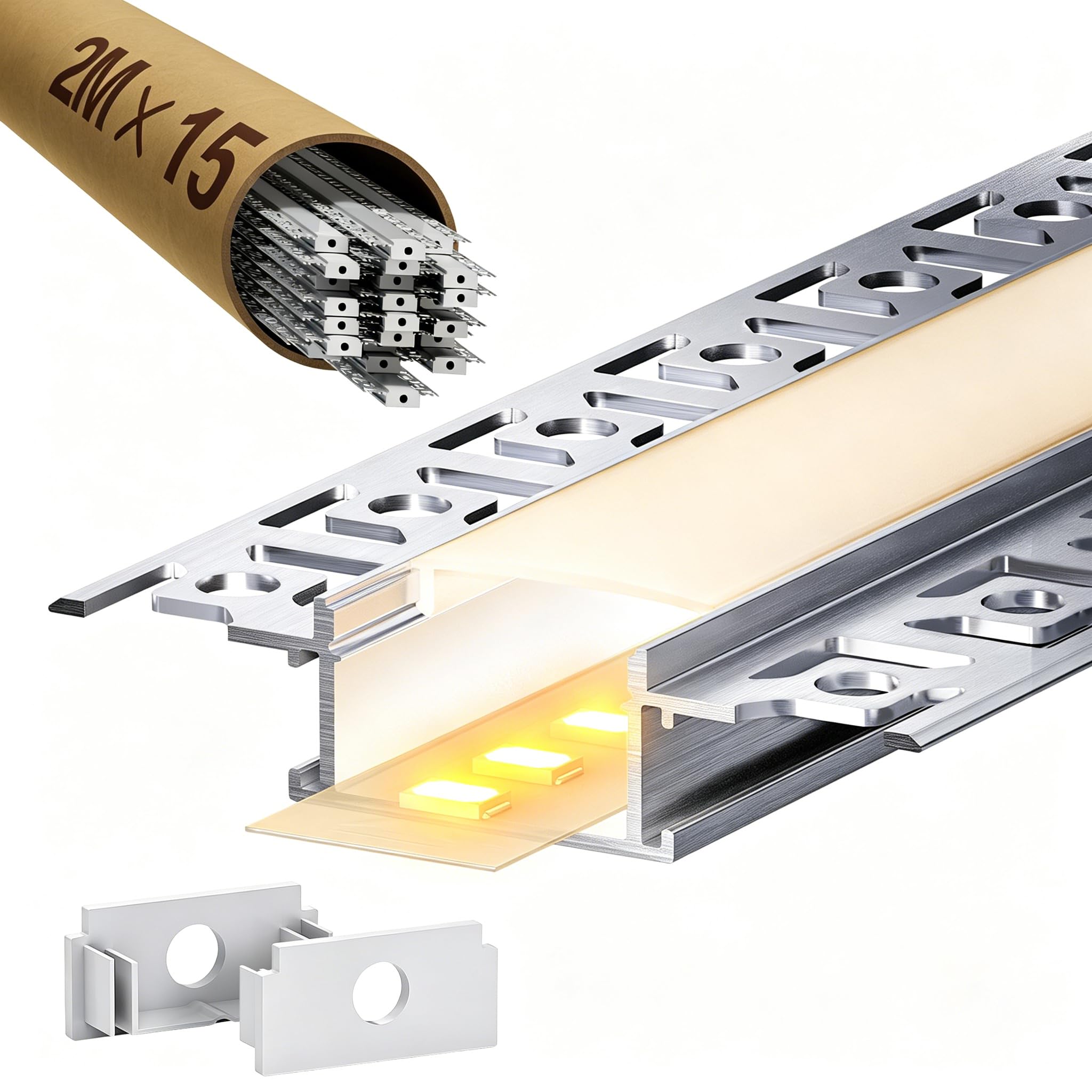 Profil LED do suchej zabudowy, 2 m, do taśm LED 20 mm – aluminiowy profil podtynkowy do suchej zabudowy, kanał LED, dyfuzor, oświetlenie sufitowe, ścienne (profil LED Drywall – 30 m)