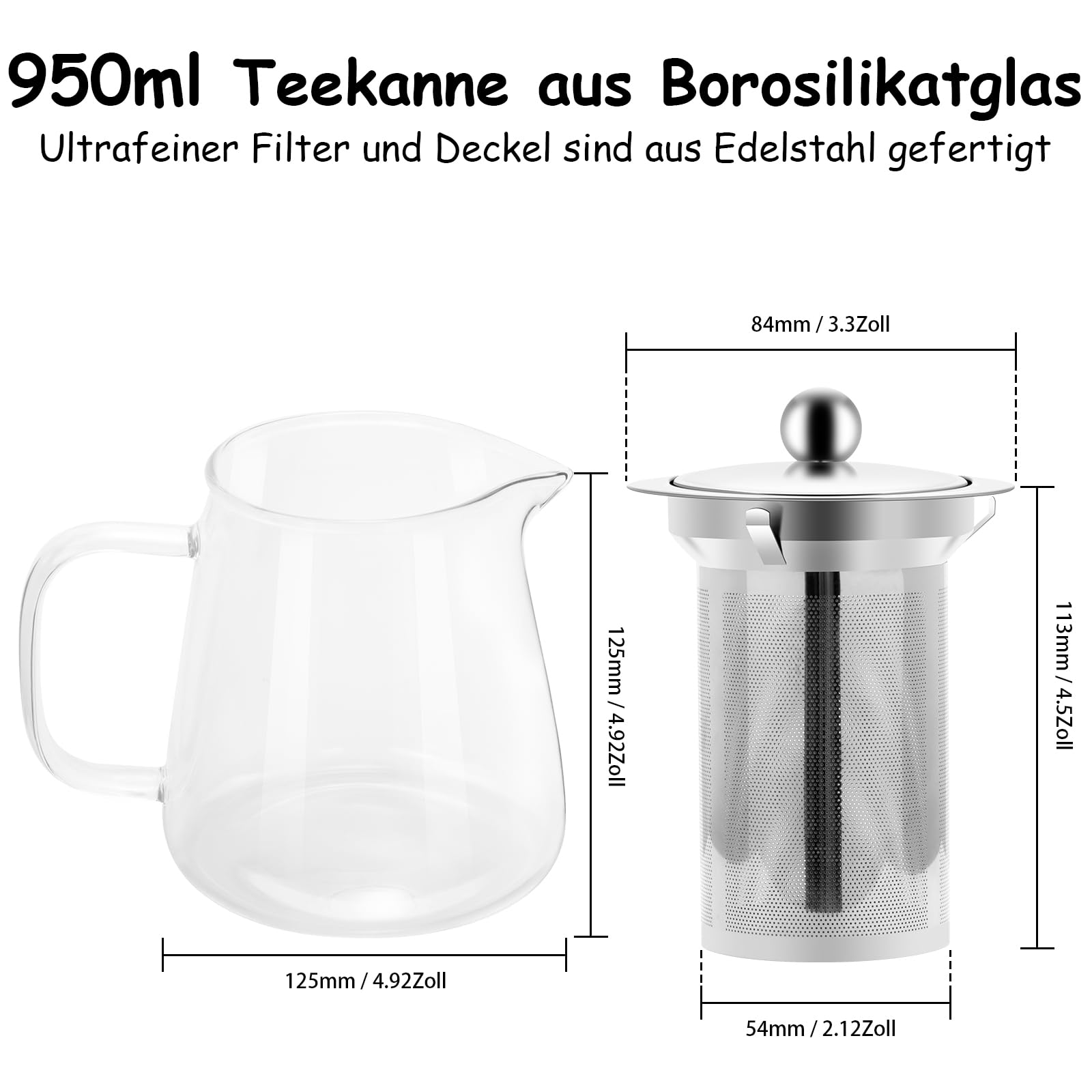 Teekanne Glas mit Siebeinsatz 950ml Teebereiter aus Glas Borosilikat,Klar, Hitzebeständig für Schwarzen Tee, Grüner Tee, Duftender Früchtetee