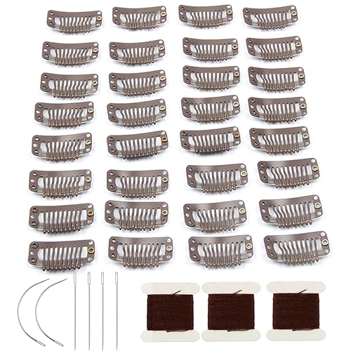 50 pinzas de extensión de cabello de acero inoxidable para extensiones de cabello, peinetas de 9 dientes, 0.04 ozpieza, 3 hilos de tejer, 6 neeldes