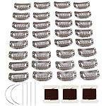 50pcs Hair Extension Clips Stainless Steel Snap Clips for Hair Extensions DIY Wigs Combs 9-teeth 32mm 1.2g/pc, 3pcs Weaving Thread, 6pcs Sewing Neeldes (Dark Brown)