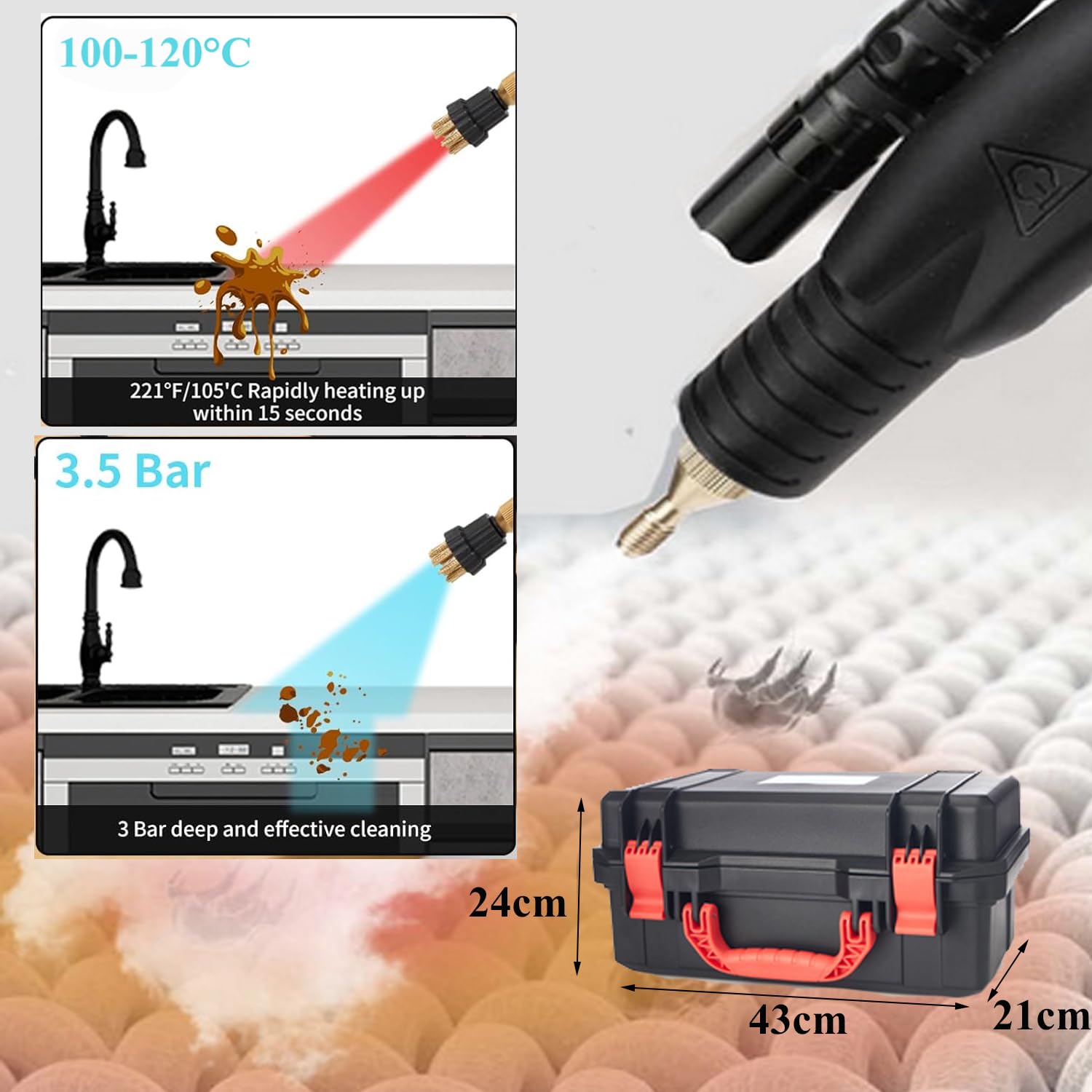 Pulitore a Vapore ad Alta Temperatura 100 – 120 °C, Pulitore a Vapore Elettrici a Mano, Domestico ad Alta Pressione Vapore per Auto, Pavimenti e Divano, Moquette, Pulizia 3000 W