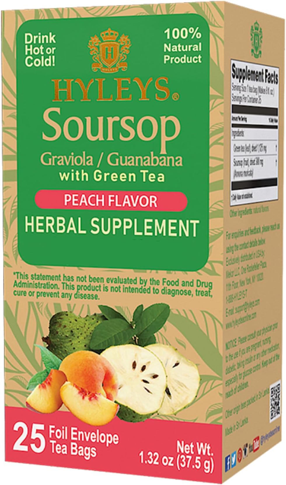 Hyleys Soursop Graviola Guanabana with Green Tea - Peach Flavor - 25 Tea Bags - Support Overall Health