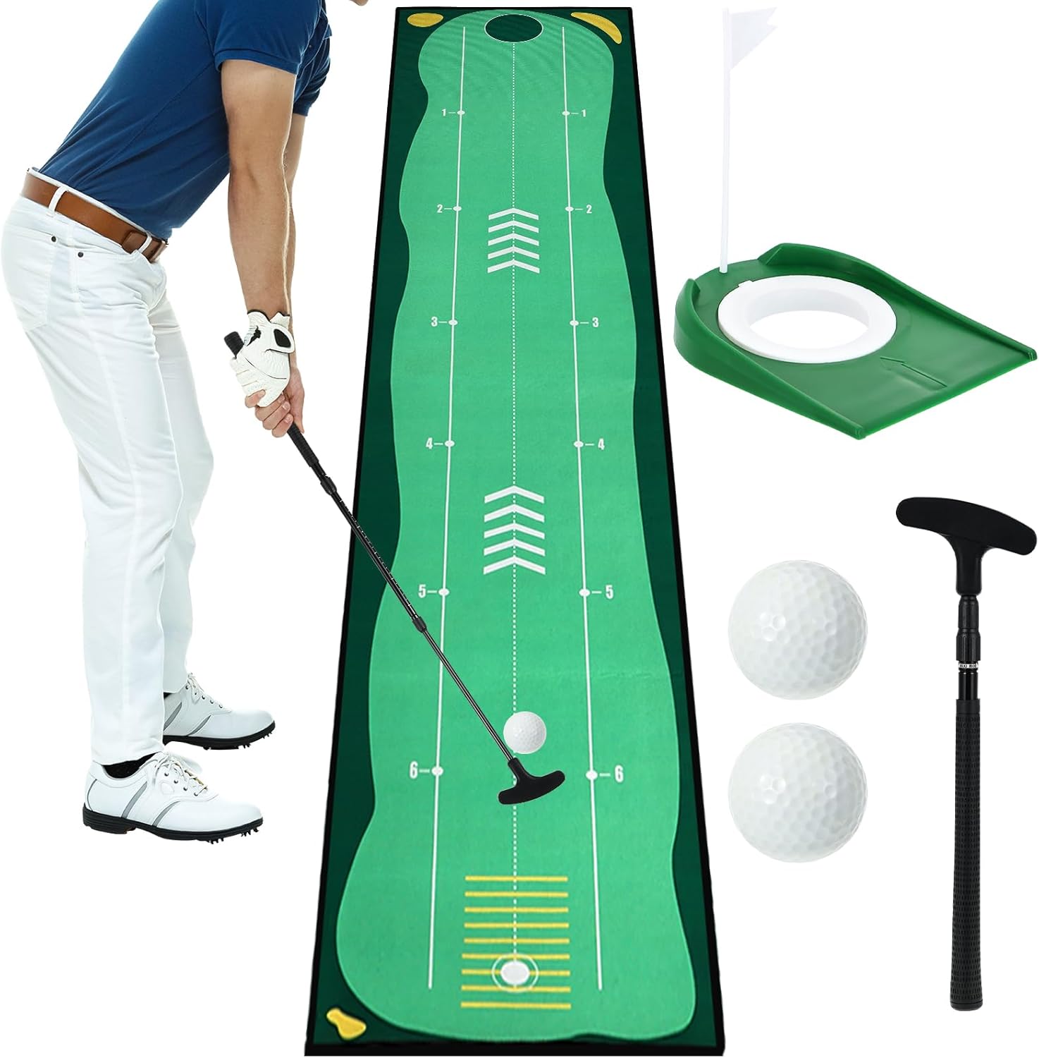 Portable Golf Putting Mat, Mini Golf Putting Green Set with Putting Mat, Putting Cup, Retractable Push Rod (Youth) with 2 Balls, Putting Mat for Indoors, Golf Gifts for Men Kids