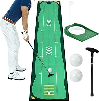 Portable Golf Putting Mat, Mini Golf Putting Green Set with Putting Mat, Putting Cup, Retractable Push Rod Youth with 2 Balls, Putting Mat for Indoors, Golf Gifts for Men Kids