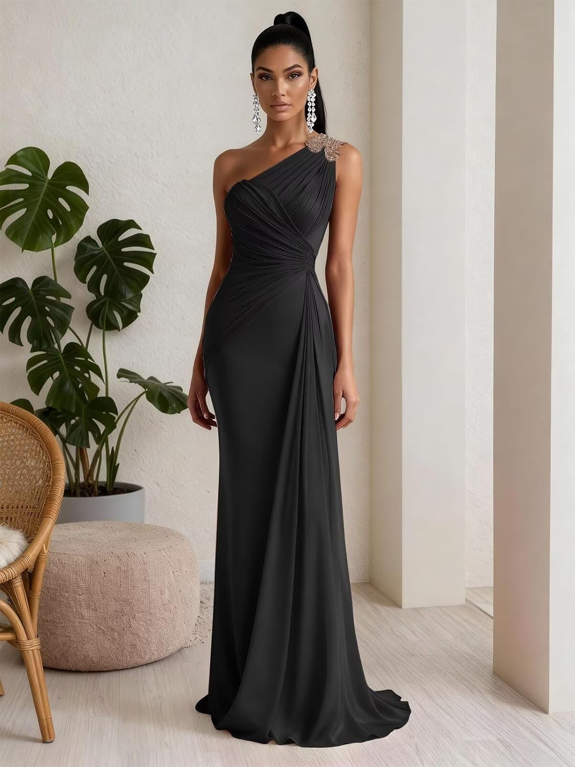 RYANTH One Shoulder Chiffon Bridesmaid Dresses for Women Mermaid Long Prom Dress Pleated Beaded Formal Evening Gowns - Image 2