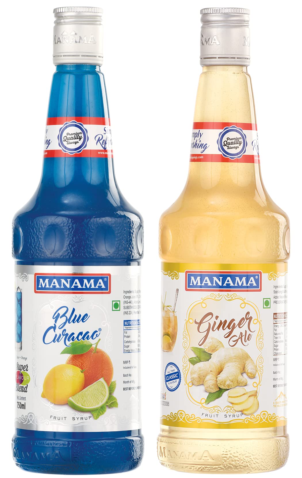 Manama Blue Curacao Fruit Flavoured Syrup and Ginger Ale Flavoured Syrup. 750ML Each, Pack of 2-image-46