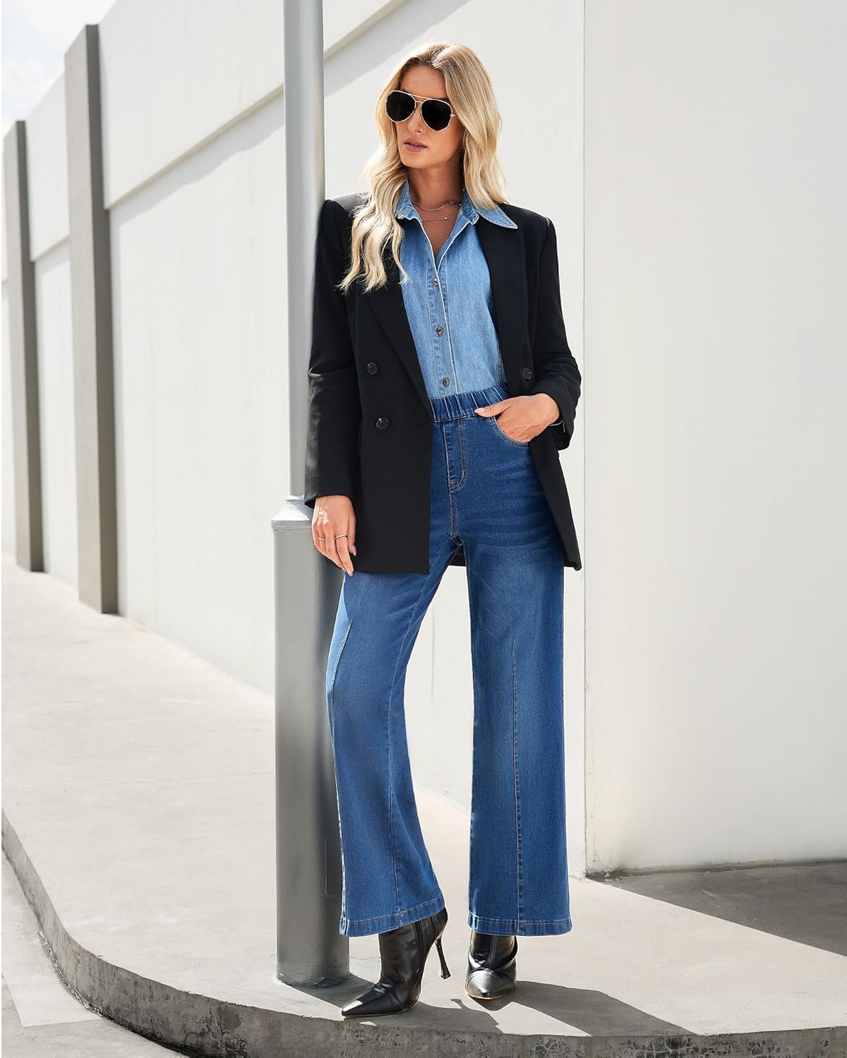 GRAPENT Pull On Womens Jeans Baggy Stretchy High Waisted Denim Wide Leg Trouser Pants Trendy Front Seam 90s Loose Jean - Image 5