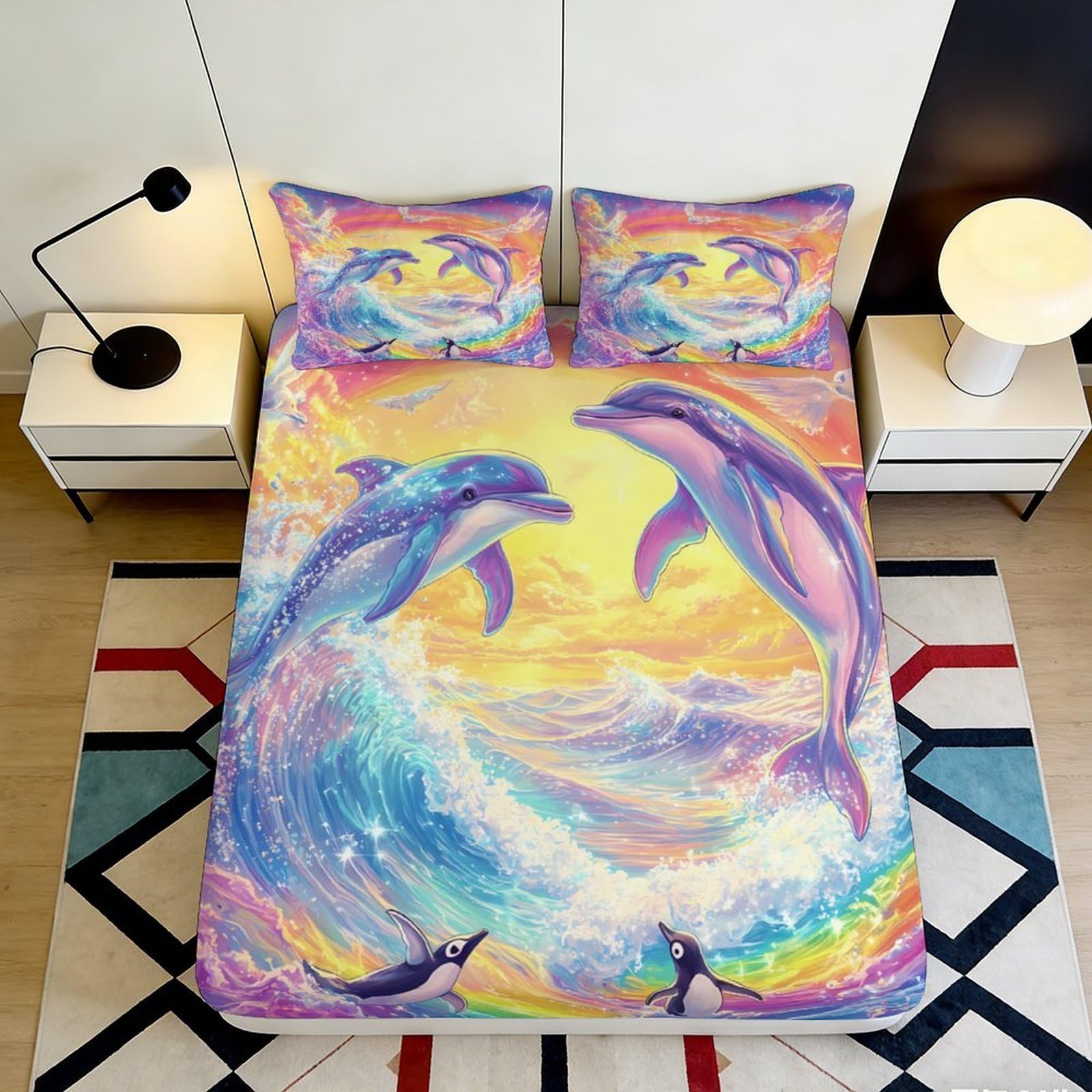 Jqzkxnhpbr Style-9 3D Printed Colorful Dolphin Fitted Sheet Microfiber Anti-Slip Ocean Wave Bed Cover For Bedroom Guest Room Decor 90X200x25cm