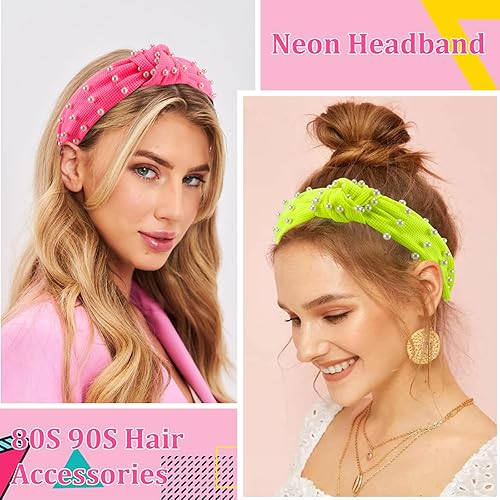 Miniatura 3 de 2 diademas anudadas de neón con decoración de perlas, diademas rosa neón y amarillo para mujer, accesorios retro de los años 80 y 90 para fiestas