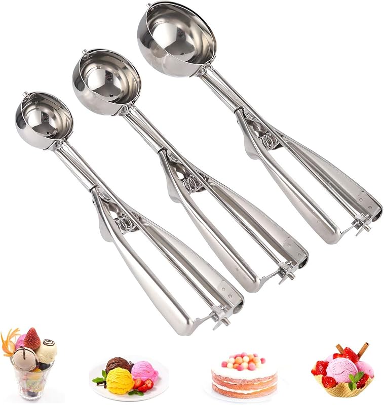 Cookie Scoop Set, 3 PCS Ice Cream Scoop with Trigger, 18/8 Stainless Steel for Baking Include Large-Medium-Small Size Perfect for Cookie, Ice Cream, Cupcake, Muffin, Meatball