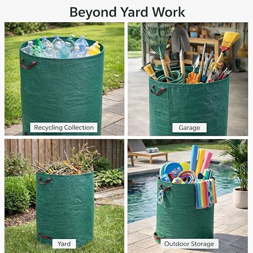 Miniatura 6 de Gardzen Paquete de 3 bolsas de basura de 72 galones, reutilizables, resistentes, plegables, para hojas de jardín, con anillo de plástico, contenedor