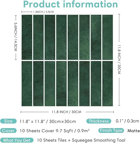 Miniatura 33 de Commomy Azulejos 3D de color verde mate para despegar y pegar, 10 piezas de PVC fino de 11.8 x 11.8 pulgadas para cocina, baño, inquilinos, Verde