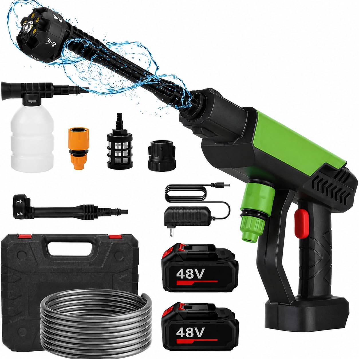 Zancia (Double Battery) Cordless Portable Wireless Pressure Washer Gun 48V 12000mAh High Pressure Water Gun for Car Wash & Bikes Cleaning with Adjustable Nozzles & Charger and 5M Hose Pipe