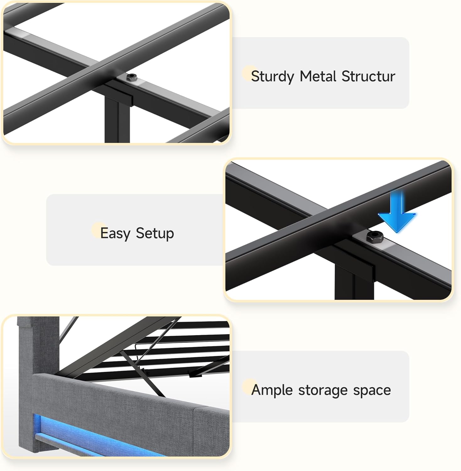 Fameill King Size Lift Up Storage Bed Frame, Storage Headboard with Charging Station, LED Lights Upholstered Platform Bed, No Box Spring Needed, Noise-Free, Dark Grey