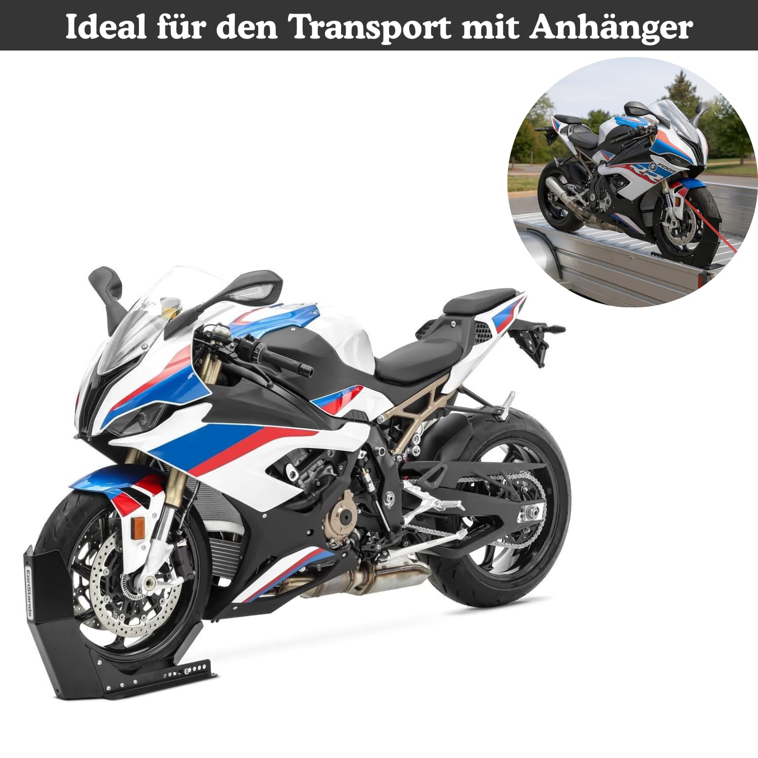 ConStands Easy Transport Fix - Motorrad Wippe Schwarz für Anhänger Vorderrad Transportständer Motocross Roller