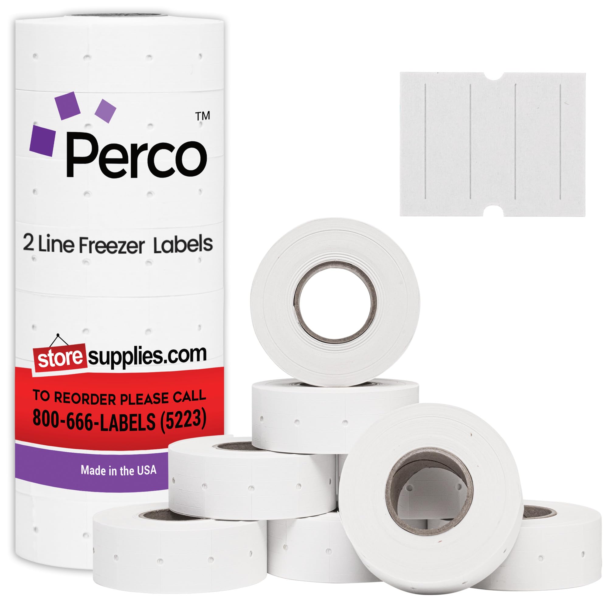 2 Line Freezer Adhesive Labels - 8 Rolls, 1 Sleeve, 6,000 Blank Price and Date Gun Labels for Perco 2 Line Price and Date Guns - Made in USA