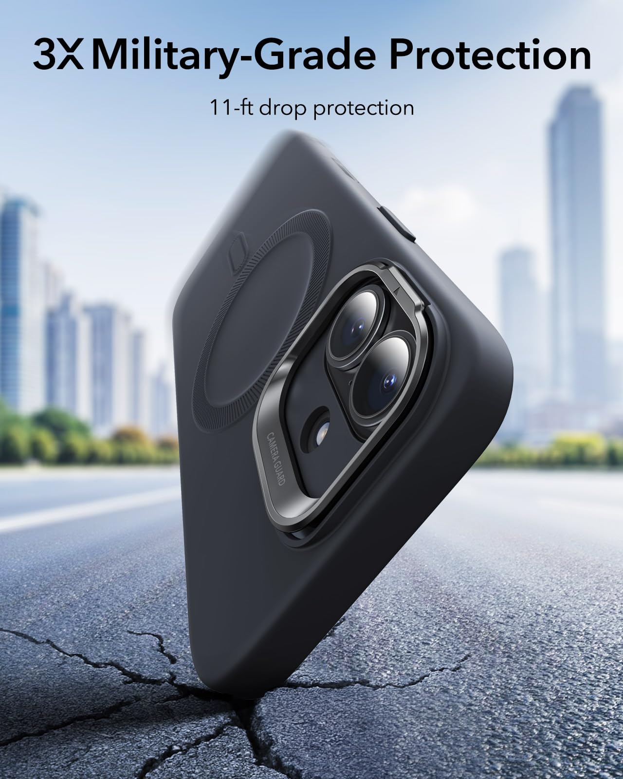 ESR Cover per iPhone 17, Compatibile con MagSafe, Custodia in silicone, Protezione antiurto di livello militare, Supporto Stash, Copertura per il controllo della fotocamera, Nero