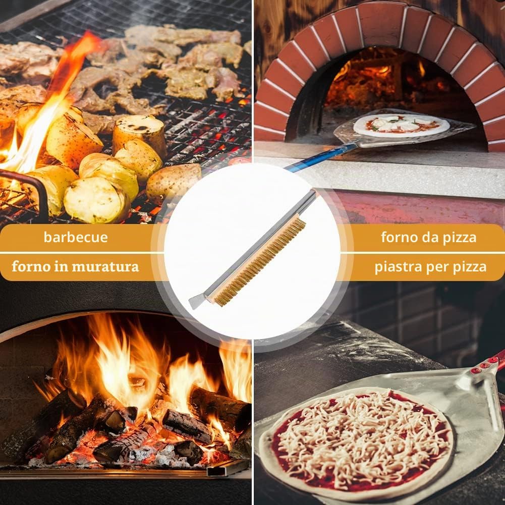 Spazzola per forno pizza da 52 cm, spatola in acciaio inossidabile, setole in ottone resistenti ai graffi, anello per appendere, spazzola per griglia con manico in legno, accessorio per forno pizza
