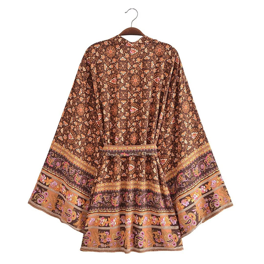 Dninmim Bata estilo kimono de algodón con estampado floral vintage para mujer, de manga larga, para verano, para la playa, estilo bohemio, Como se muestra en la imagen, M