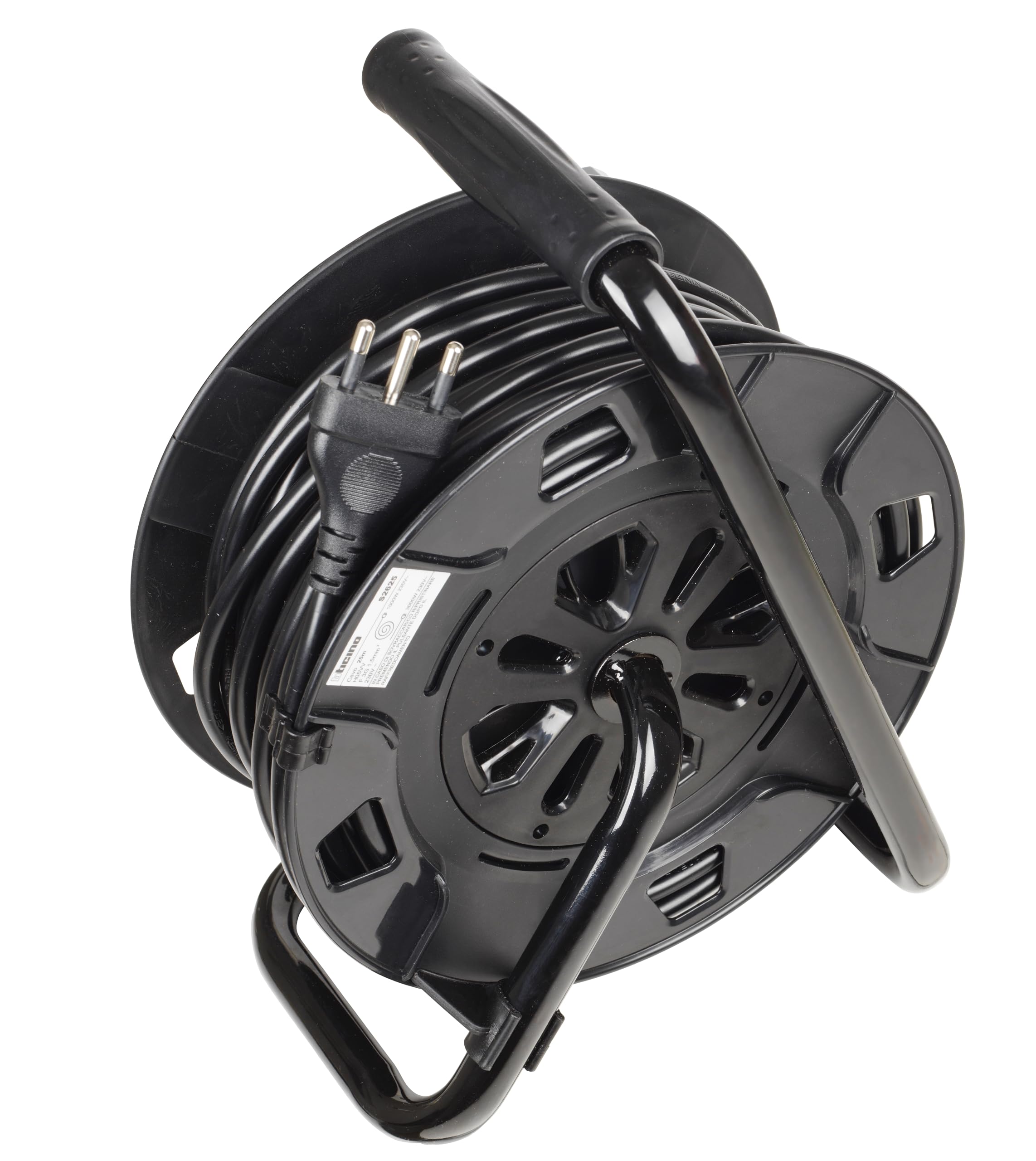 BTICINO Carrete de cable S2625 alargador eléctrico de 25 metros, 4 enchufes Schuko, bipolo, enchufe grande de 16 A, interruptor térmico, mango ergonómico, soporte de cable y carrete de cable, color