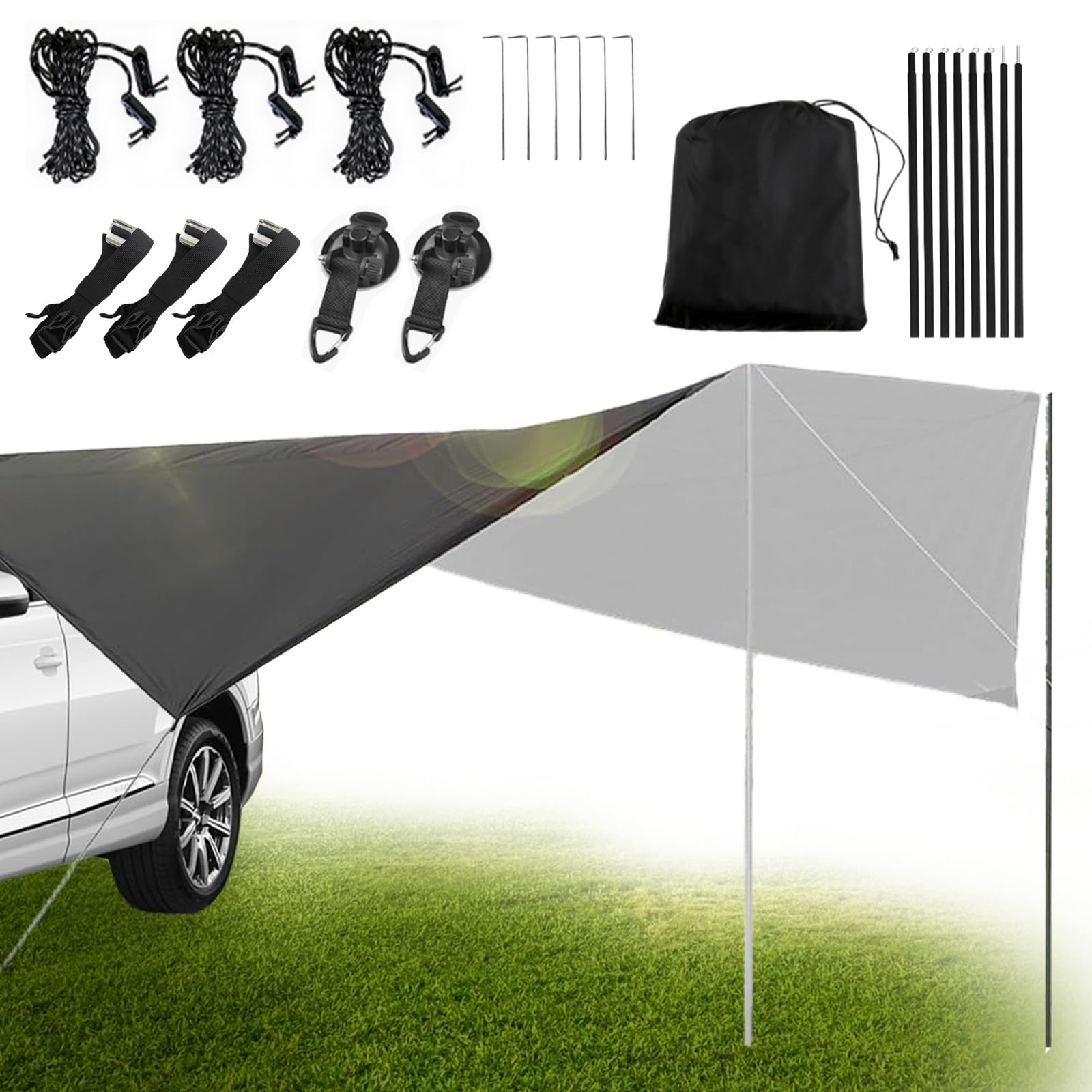 Toldo para Coche, 280 x 380 cm Toldo de Coche Acampar Gran | Impermeable Universal Tienda de Campaña con Barra de Tienda y Cinturón de Seguridad, Toldo Grande para Coche, SUV, Furgoneta