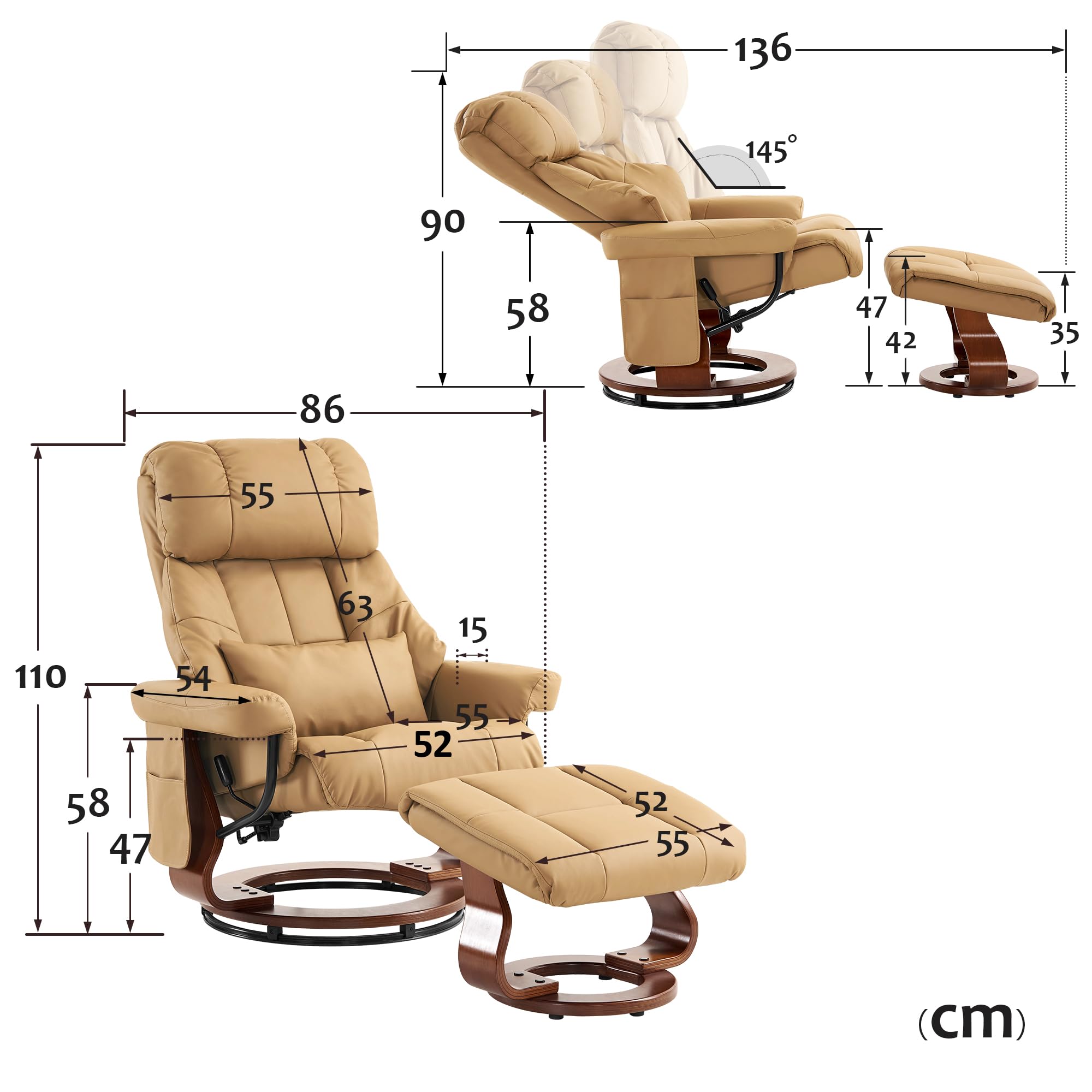 M MCombo Massagesessel mit Hocker, 360° drehbarer Relaxsessel mit Liegefunktion, moderner TV-Sessel Fernsehsessel mit Seitentasche für Wohnzimmer, Kunstleder, 9068 (Gelbbeige)