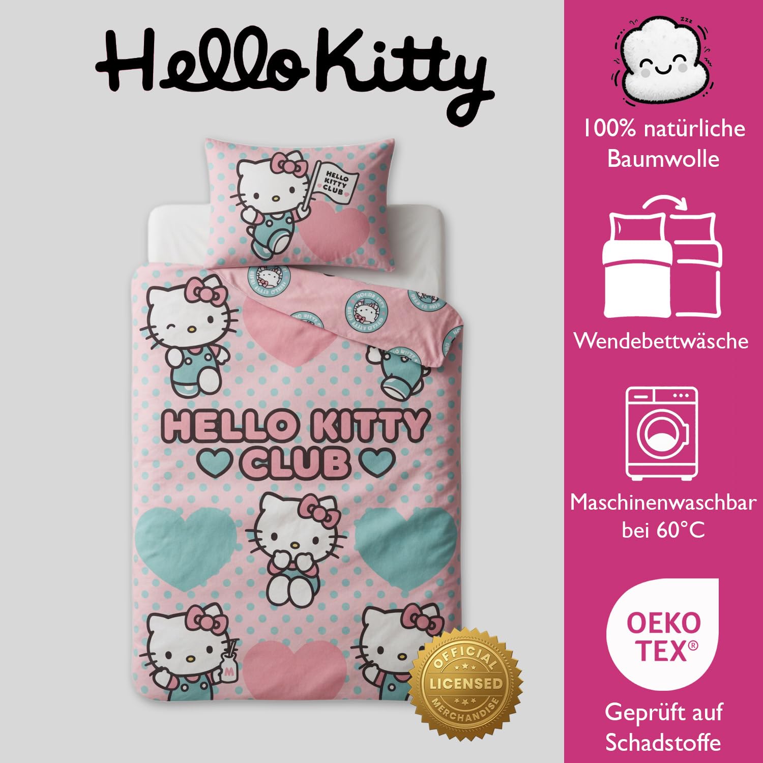 Hello Kitty Club Housse de Couette Bébé 100x135 + Taie 40x60 Rose Bleu | Parure de lit bébé réversible | Coton naturel doux respirant Oeko-Tex | Sanrio | Fille 0-3 ans | Lit à barreaux
