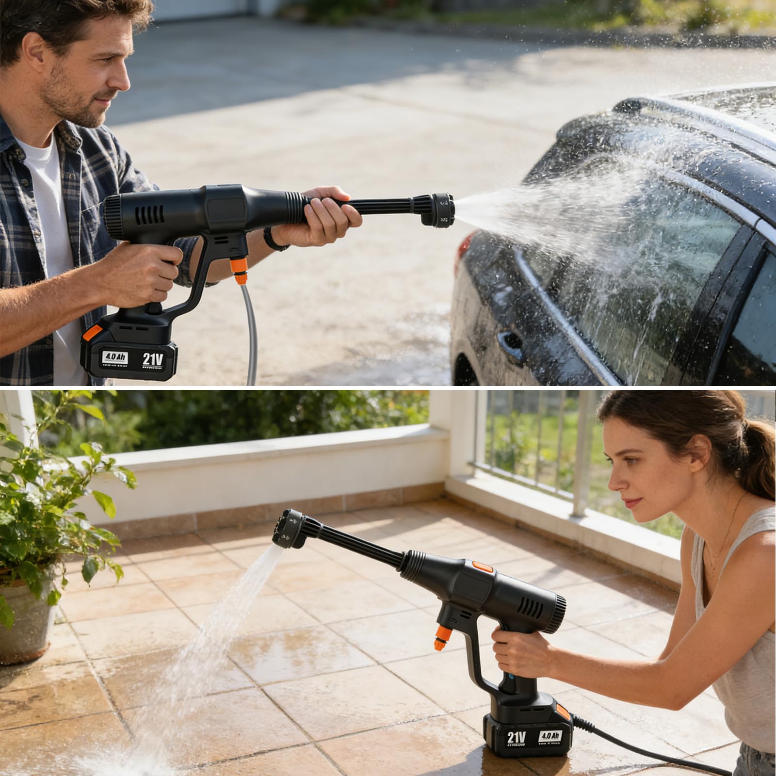 GOURIXIN Hidrolimpiadora a Batería, Pistola de Agua a Presión Hidrolimpiadora Eléctrica Portátil con 2 Baterías, Tubo 5 m, Boquilla 6 en 1 y Filtro, para Coche, Jardín, Terraza, Césped Riego