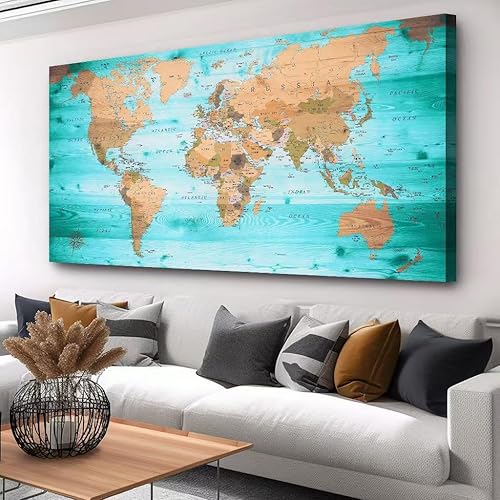 Arte de pared grande mapa azul del mundo pintura listo para colgar 20"x40" arte de pared enmarcado grande mapa del mundo lienzo mapa decoraciones