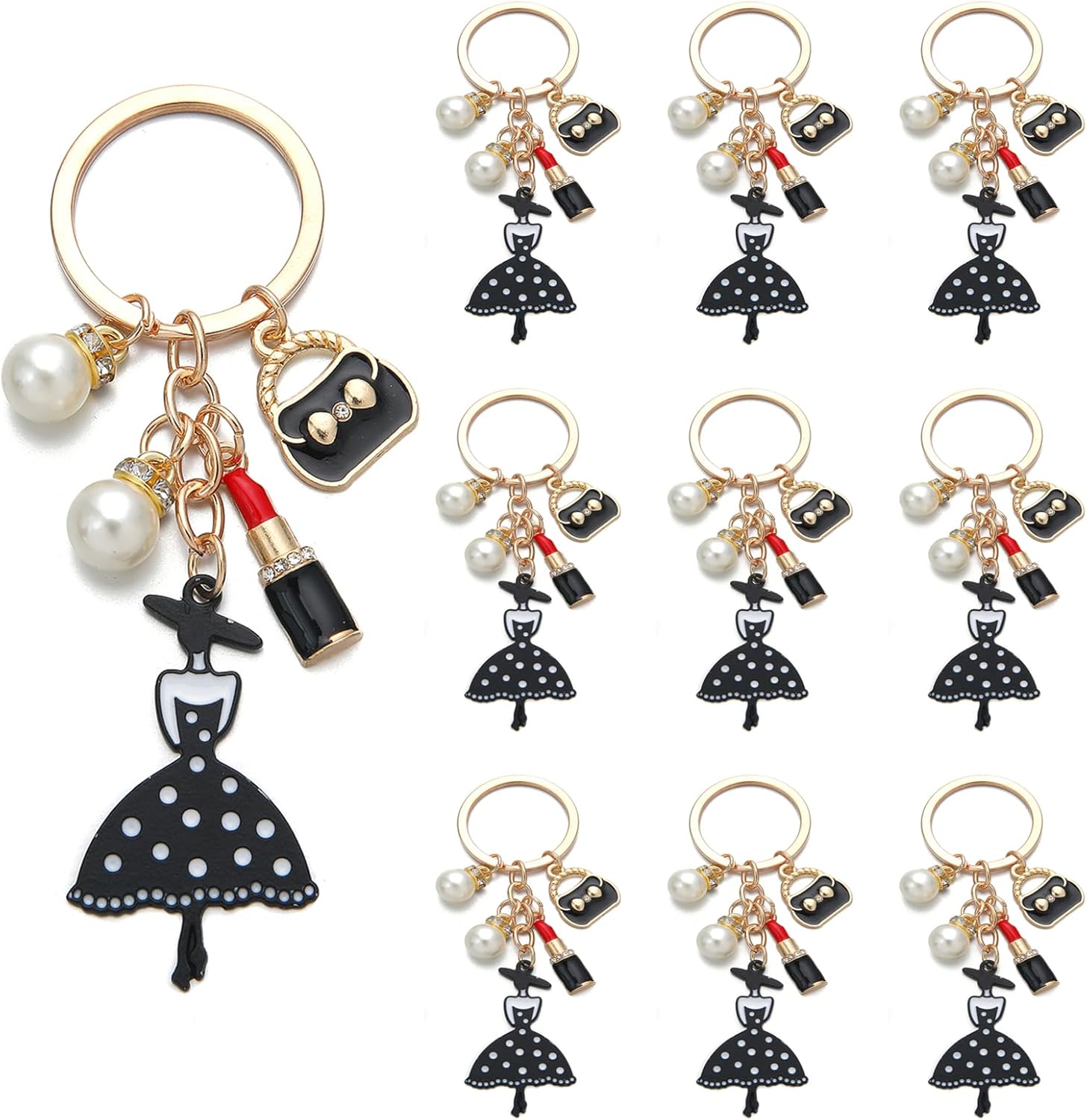 PHAETON 10PCS Keychains with Dress,Pearl, Lipstick Charm Enameled Handbag Pedant for Women Enthusiast Keychain Set Makeup Lovers Gift Cosmeticians Gift Make up Decoration Favor