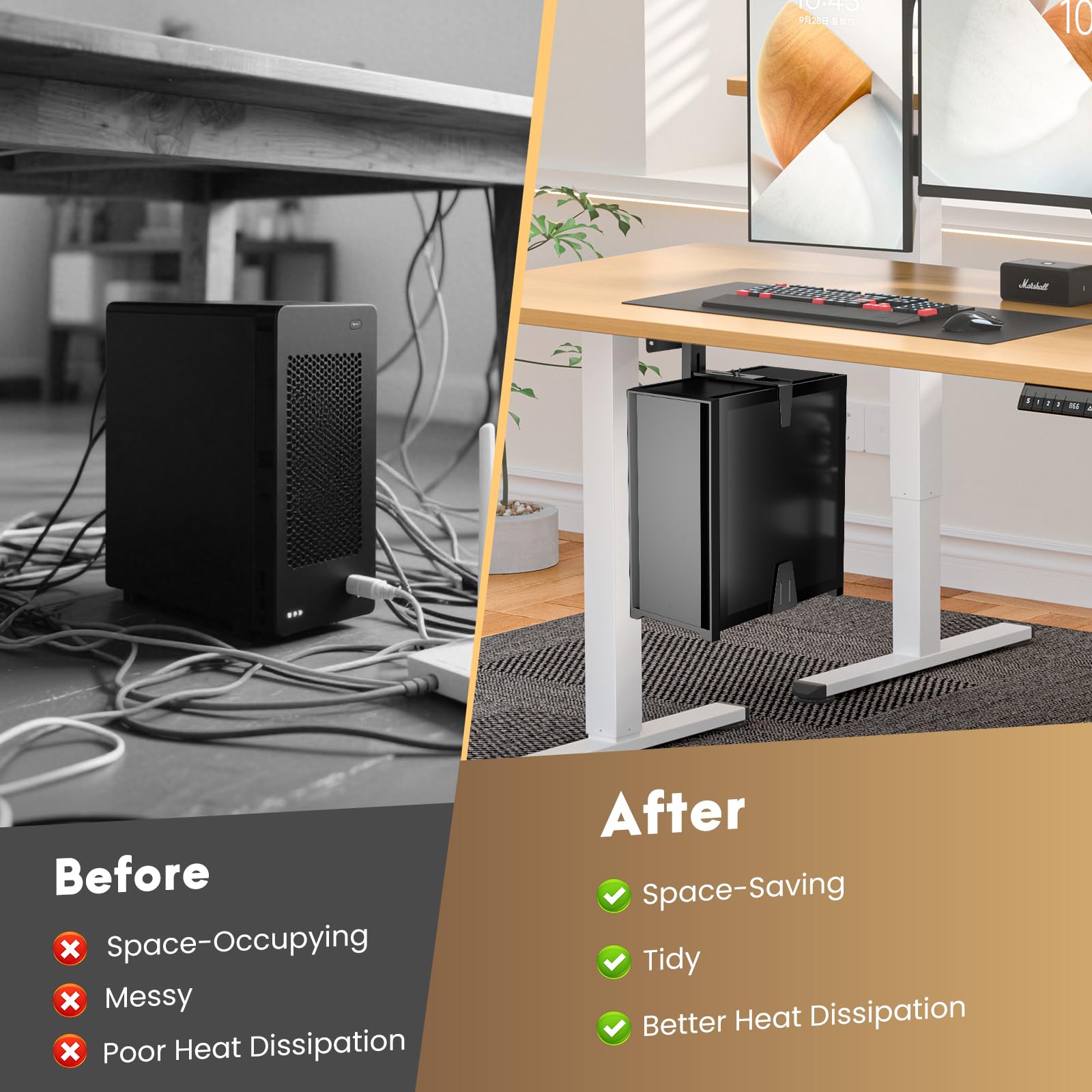 Soporte para PC debajo del escritorio, soporte de CPU ajustable con rotación de 360°, capacidad de carga de 15 kg/33 libras, 2 opciones de montaje (negro)
