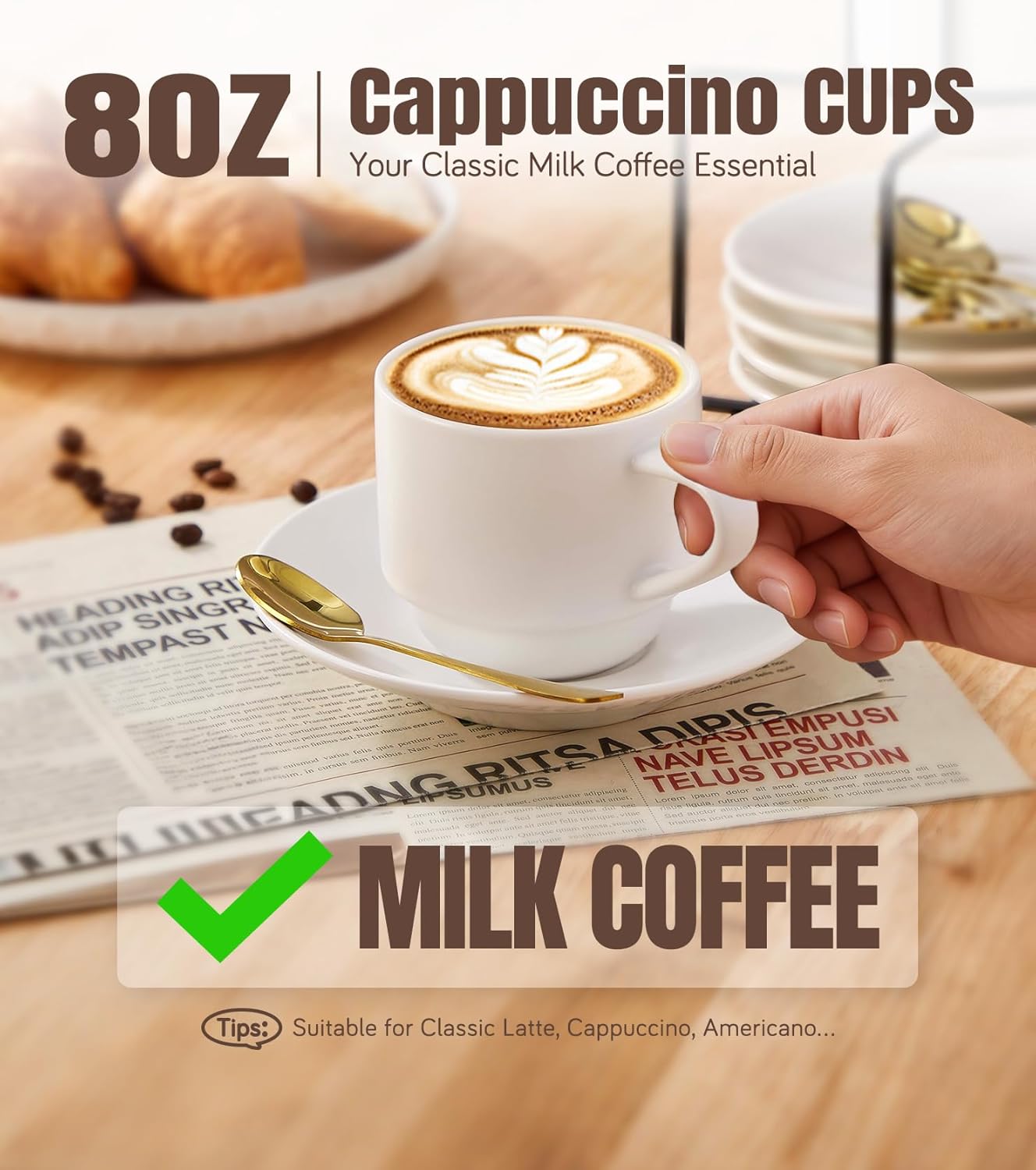 Lareina 8 Ounce Porcelain Cappuccino Cups Set of 4, Stackable Coffee Cups with Saucers, Spoons and Metal Stand -for Specialty Coffee Drinks, Cappuccino, Latte, Americano and Tea, White - Image 2