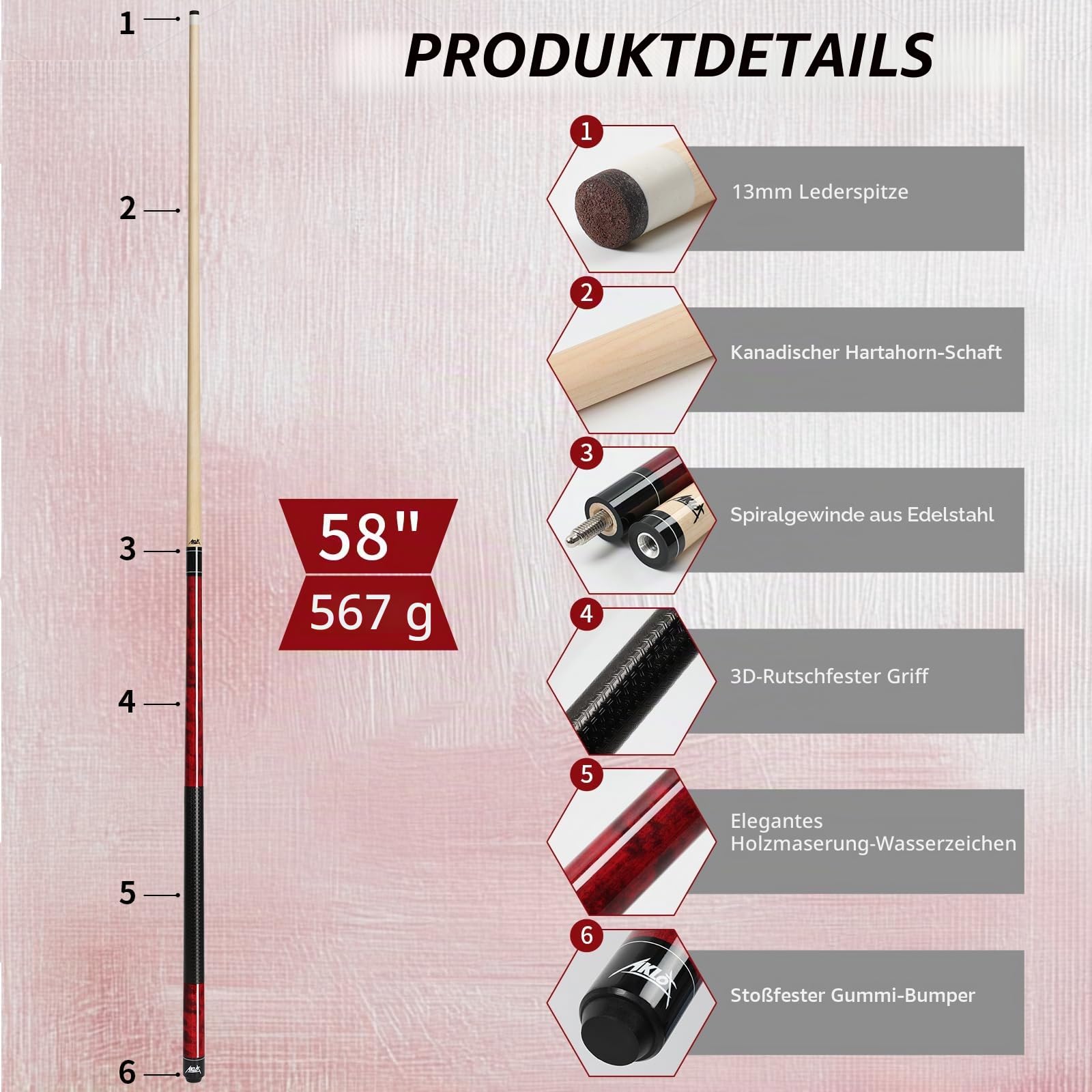 AKLOT Pool Cue Stick 58'', Canadian Maple Pro Billiard Cue &13mm Leather Tip, Anti-Slip Grip, 18/19/20/21oz Billiard Pool Stick for Adults/Beginner/Pro Player