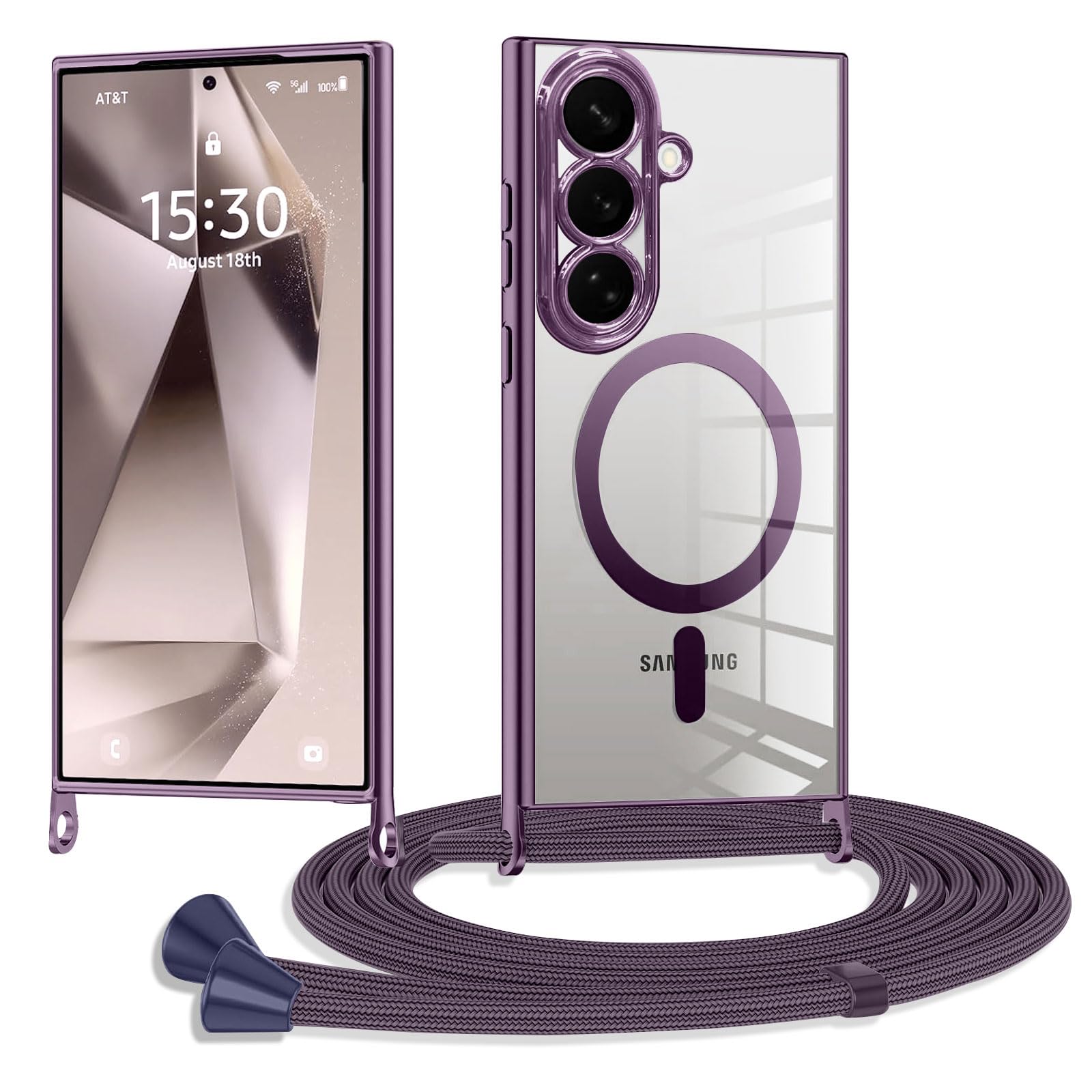 XCuihulle Magnetisch Handyhülle für Samsung Galaxy S26 Transparent Hülle mit Band Handyband Klare Silikon Necklace Schutzhülle zum Umhängen mit Abnehmbar Kordel Stoßfest Kratzfest Case-Lila