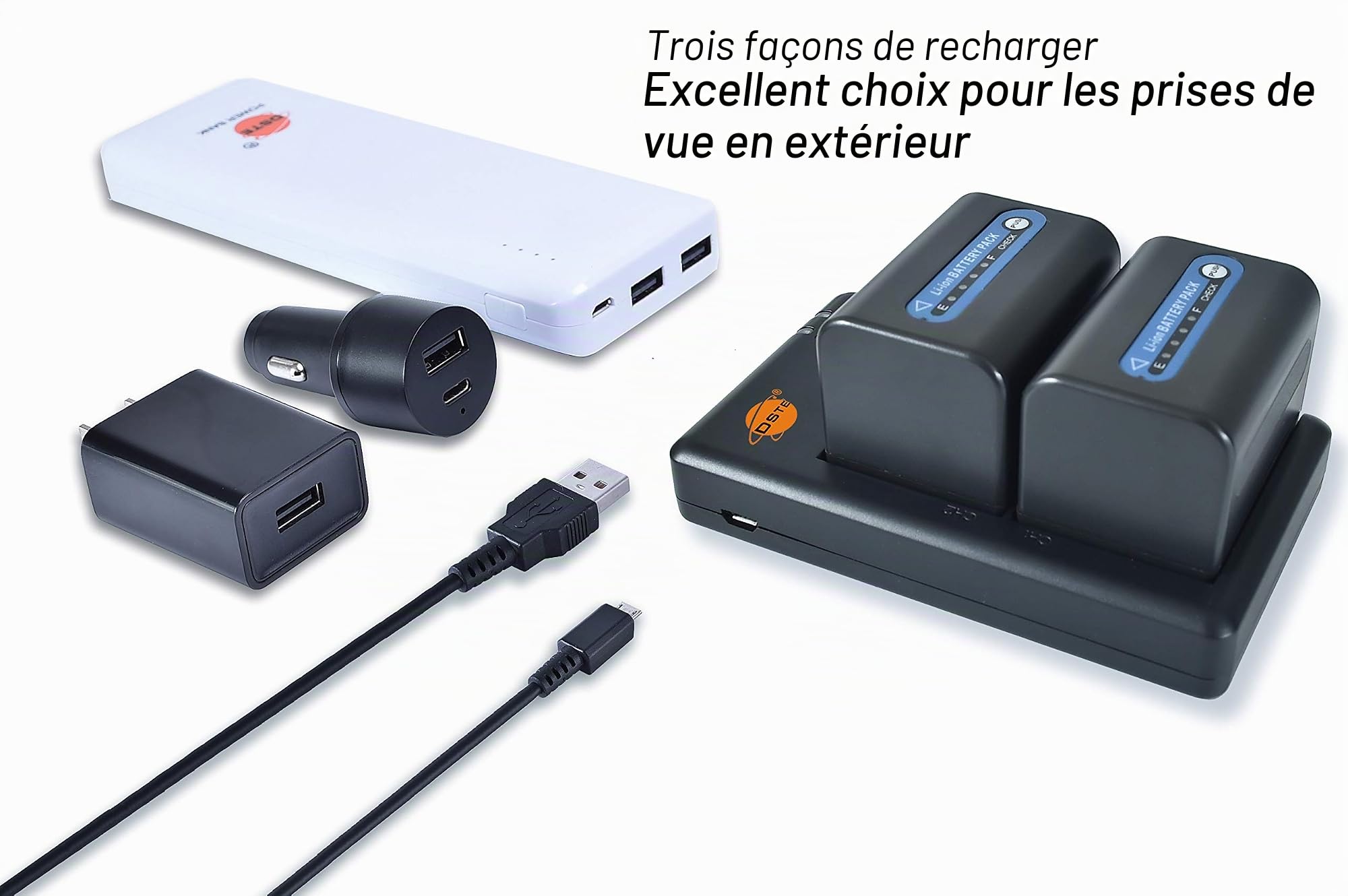 NP-FM70/QM71D/NP-QM71 Lot de 2 batteries de rechange rechargeables et chargeur double compatible avec Sony NP-F550, F750, F970, FM55H, FM500H, HVL-IRM, HVL-ML20M, HVR-A1U, npf, etc.