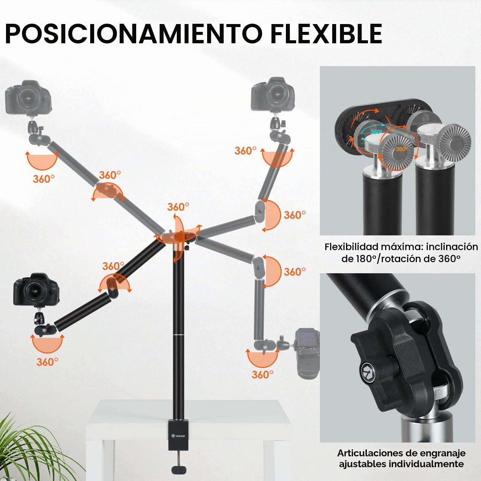 TARION Soporte de Cámara de Escritorio Cenital - Brazo Articulado Reforzado con Rótula, Abrazadera C y Tornillo 1/4'' para Fotografía TKA01-L (Versión Mejorada)