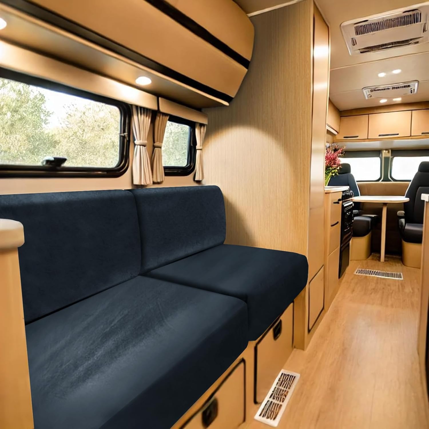 SYLC Stretch Caravan Seat Covers, Non-slip Motorhome Seat Covers for Lounge with 2 Straps, Velvet Sofa Cushion Covers for Couch Camper Bench (navy blue,Square XS)