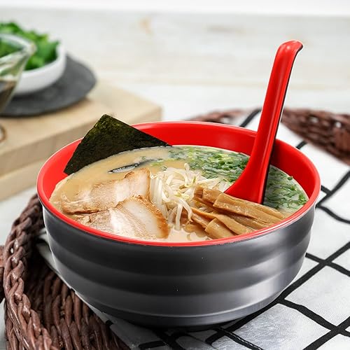 Miniatura 5 de Paquete de 8 cuencos de sopa de fideos de melamina, 32 onzas de tazones de ramen japonés grandes con cuchara, cuencos de cereales de sopa de miso