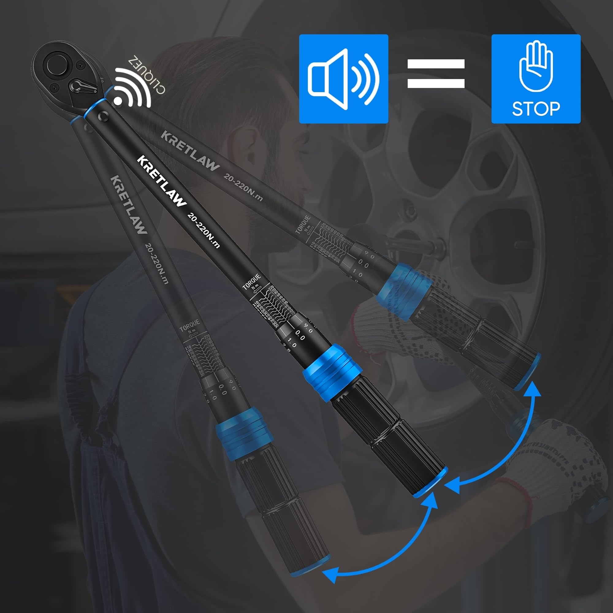 KRETLAW Kit de clés dynamométriques 1/2", 3/8" & 1/4", 6 pièces, 20-220Nm, ±3% précision, cliquet 72 dents