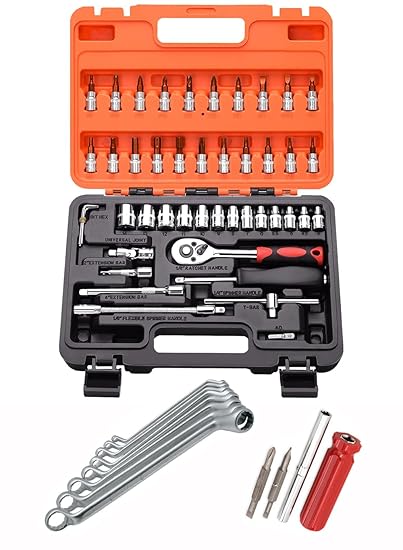 Digital Craft Multifunction Hand Tool Kit Car Ratchet Wrench Assembly Tool Household Repair Tools Automotive Set 46PC Socket Set,4 In 1 Screw Driver,8Pc Ring Spanner Set,