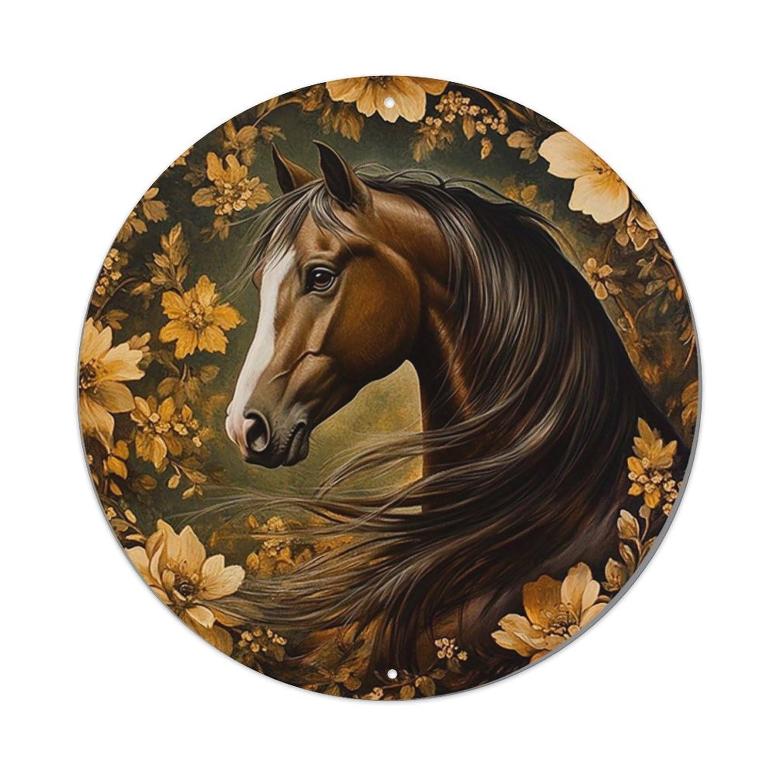 Horse Floral Background Artwork Design Round Tin Sign Vintage Metal Sign Home Bar Garden Indoor & Outdoor Wall Decor Retro Metal Poster 8x8 Inch