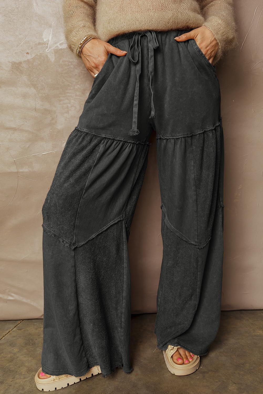 Palazzo Pants for Women Mineral Wash Tiered Drawstring High Waist Casual Wide Leg Lounge Pant with Pockets - Image 4
