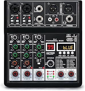 Dj Mixers, 4 Channel Audio Mixer, Sound Board with Bluetooth Player, Usb Audio Interface with 48V Phantom Power, Sounds Mixer Board with 99 DSP FX Reverb Delay Effect