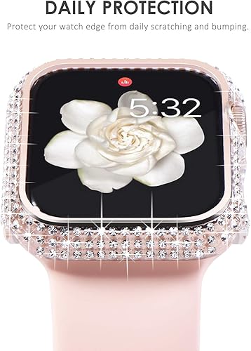 Miniatura 3 de NewWays Paquete de 2 carcasas con diamantes brillantes para Apple Watch de 1.772 pulgadas para mujer, parachoques protector con diamantes totalmente