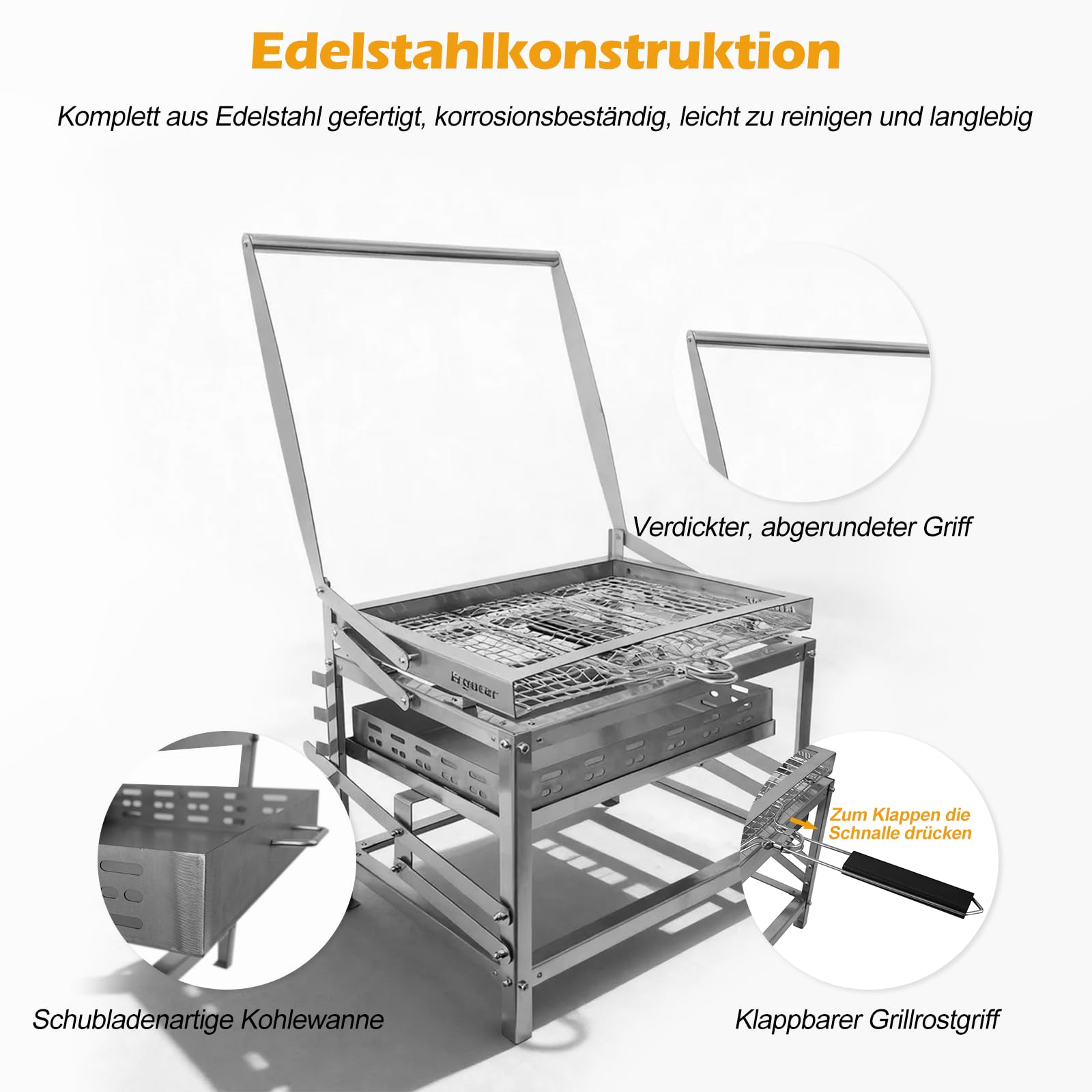Ergocar Holzkohlegrill Multifunktionaler Tragbarer Drehbar Grill Für Den Außenbereich Mit Einstellbarer Höhe 4-Stufige Holzkohlewanne Ideal Für Das Räuchern Im Freien, Picknicks, Camping Und Barbecues