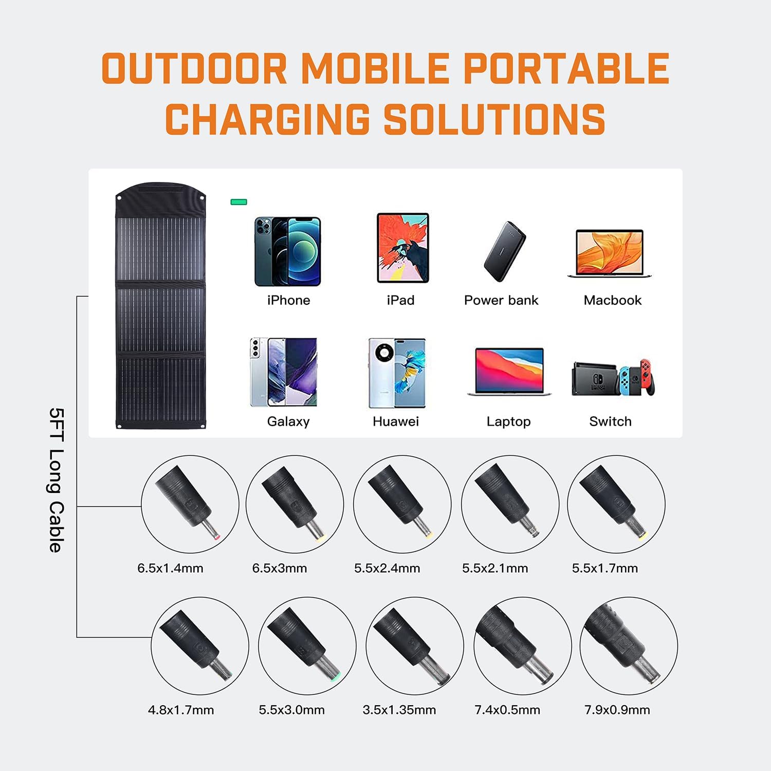 80W 18V Portable Solar Panel, Foldable Solar Panels with USB/DC/USB-C Outputs, Compatible with Mobile Phones, Tablets and Power Stations,IP67 Water Resistant Rating