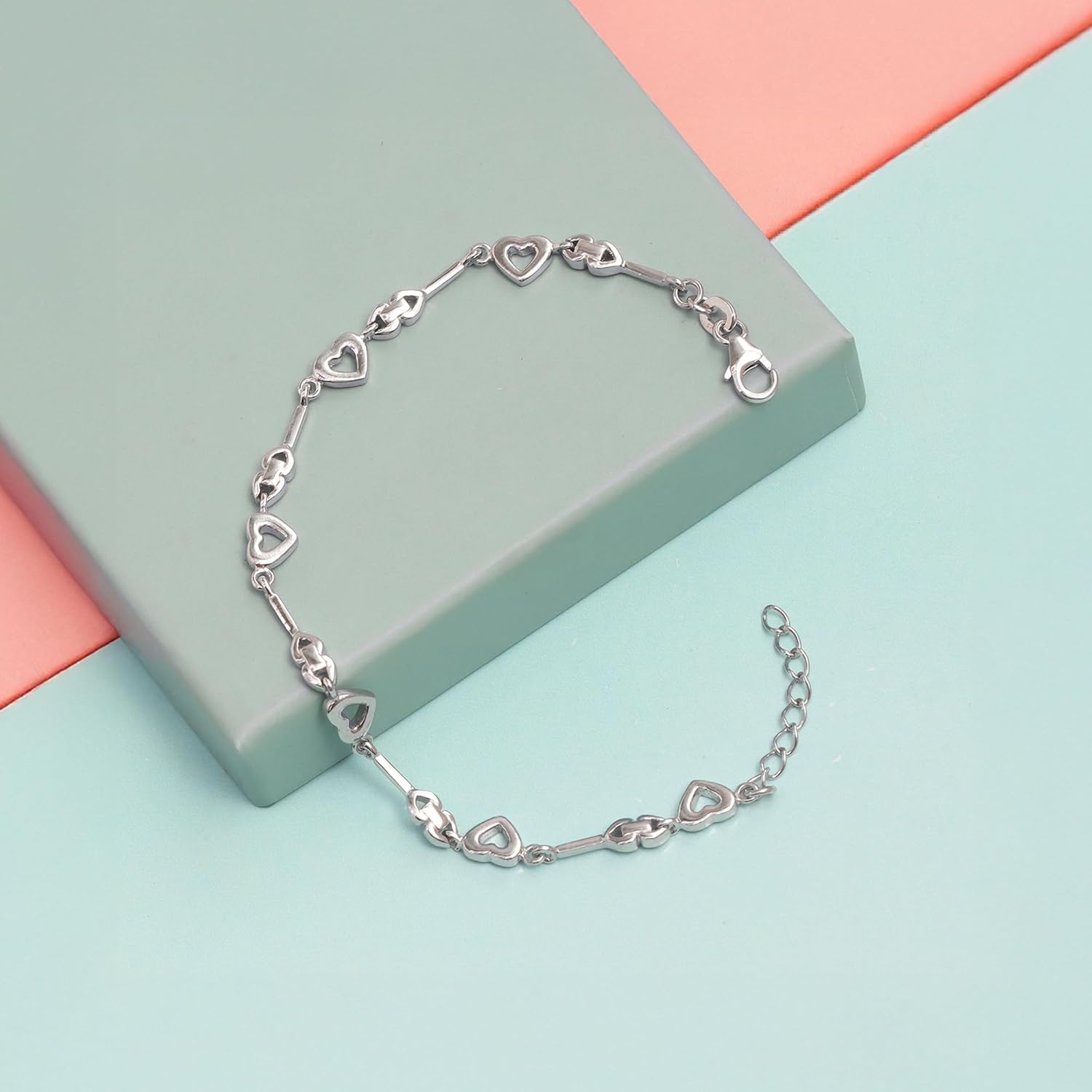 LeCalla 925 Sterling Silver Heart Link Chain Bracelets for Women | Silver Connecting Heart Station Bracelet Women's Jewelry | Adjustable Links Bracelet Gift for Her 7.5 Inches - Image 3