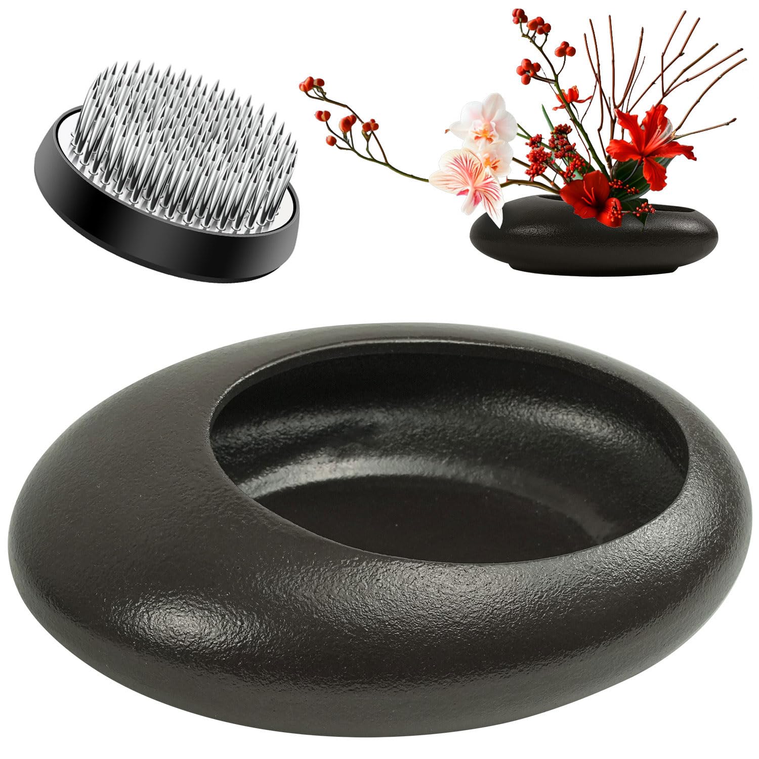 IKEBANA Large Ceramic Frog Vase Kit for Flower Arrangement Dark Brown