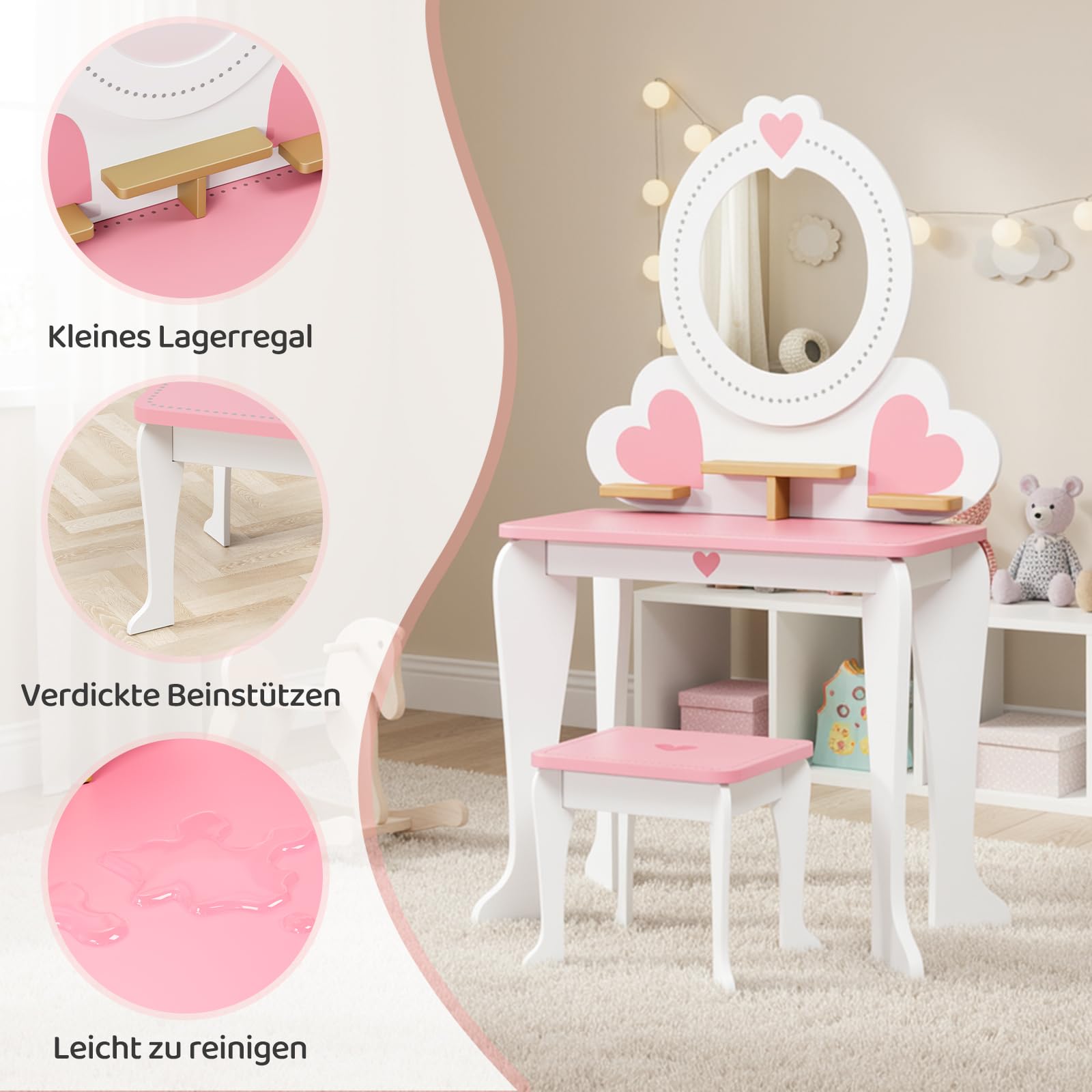 MAMIZO Schminktisch Kinder mit Abnehmbarem Spiegel, Kinderschminktisch Holz mit Hocker, 2 in 1 Prinzessin Frisiertisch, Kinderschreibtisch, Schminktisch Mädchen ab 3 Jahre, 50x33x91cm, Weiß