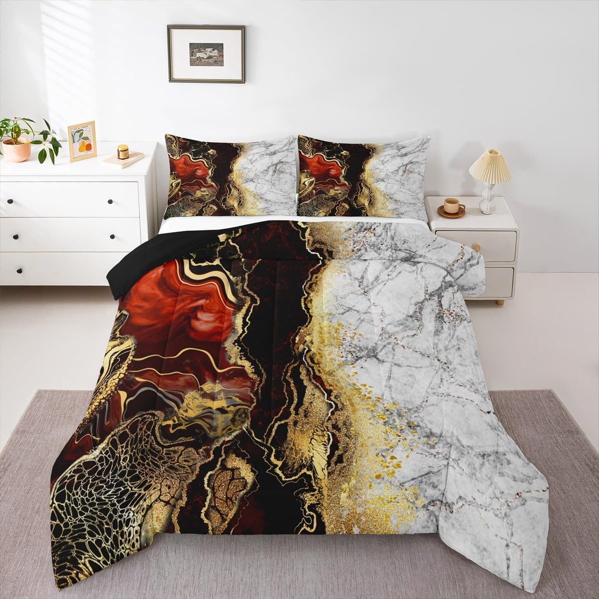 Erosebridal Black Red Comforter Set Full Grey Abstract Marble Bedding Set Gold Metallic Sequin Marbling Comforter for Kids Teen Adults,Aesthetic Quilt Duvet